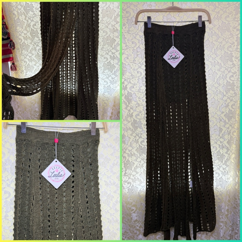 Selfie Leslie Dark olive green Crochet Maxi Skirt double slit medium / small NWT